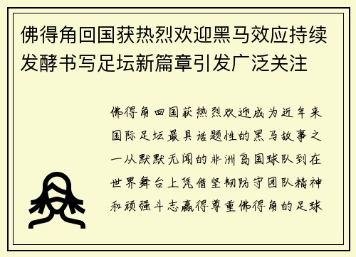 佛得角回国获热烈欢迎黑马效应持续发酵书写足坛新篇章引发广泛关注